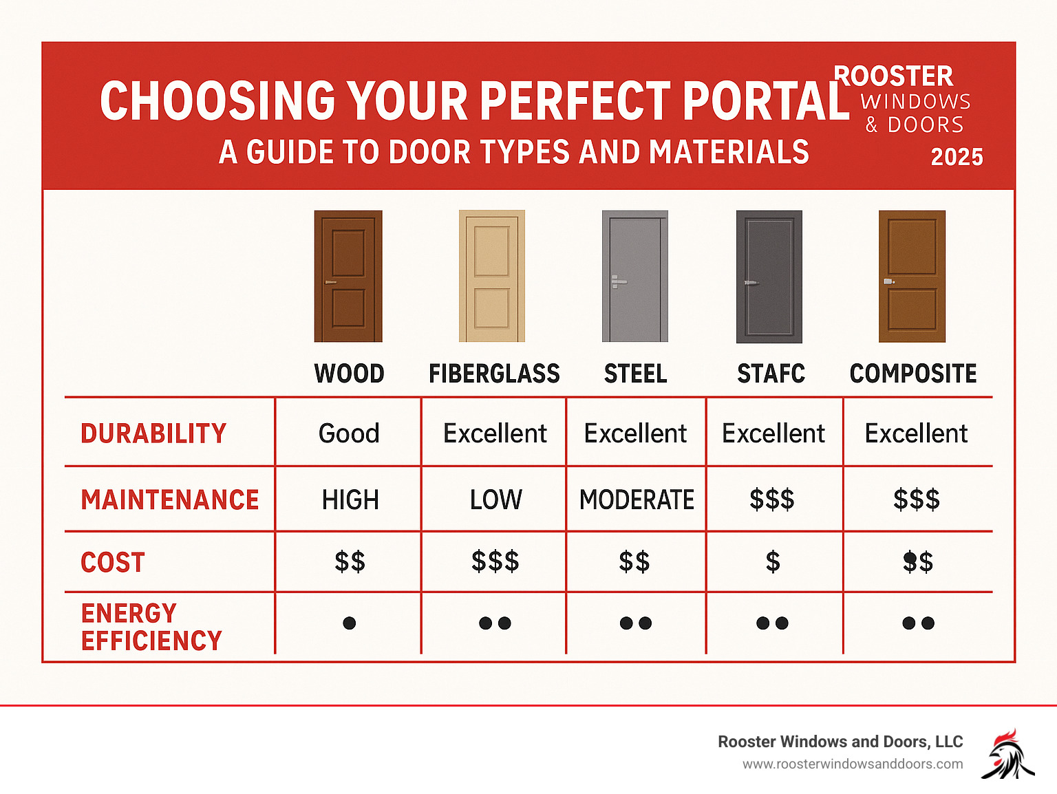 TABLE comparing door materials (Wood, Fiberglass, Steel, Composite) on durability, maintenance, cost, and energy efficiency - local door replacement infographic 
