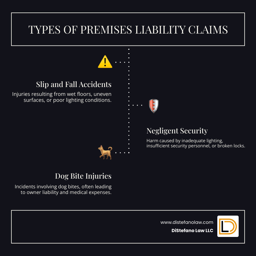 Infographic showing the three main types of premises liability cases: Slip and Fall accidents (wet floors, uneven surfaces, poor lighting), Negligent Security cases (inadequate lighting, lack of security personnel, broken locks), and Dog Bite injuries (owner liability, medical expenses, permanent scarring) - fort lauderdale premises liability lawyer infographic infographic-line-3-steps-dark