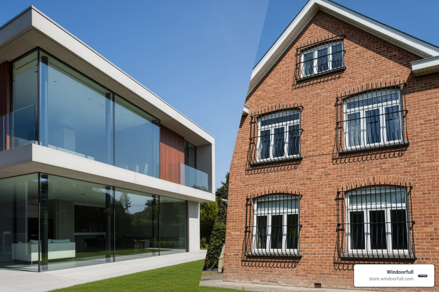 Image comparing a home with sleek security windows to a home with basic, outdated window protection - High security windows