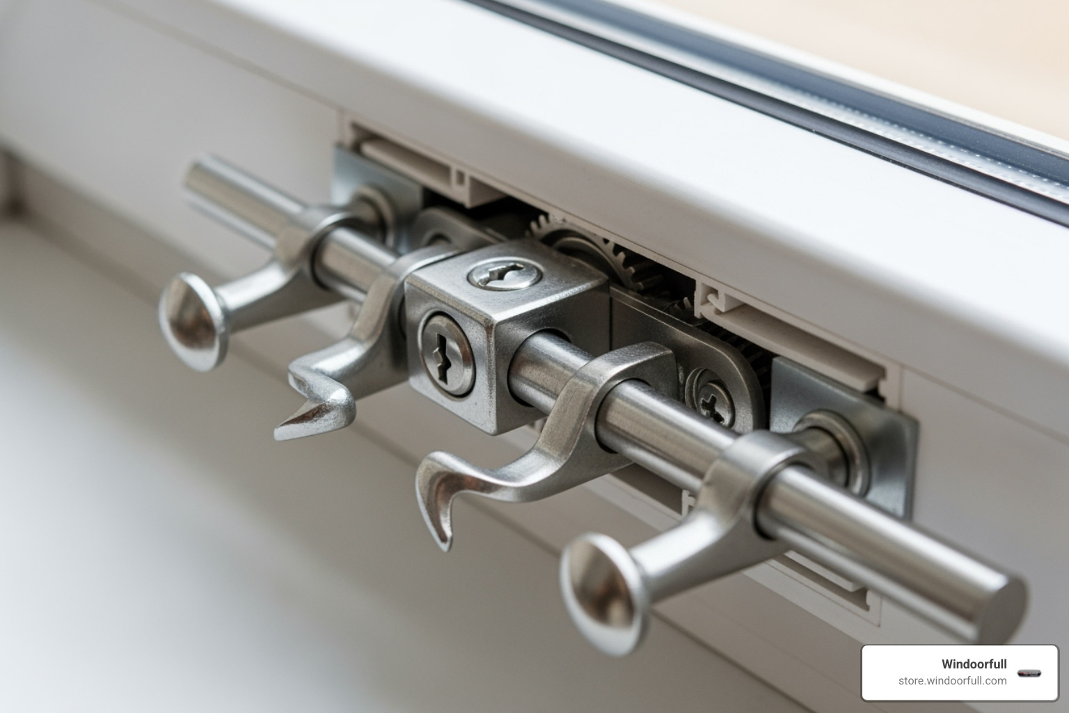 Image of a multi-point locking mechanism on a steel-reinforced uPVC window frame - High security windows