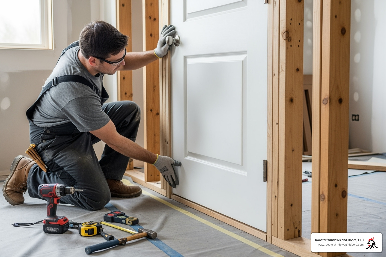 professional installer carefully fitting a new door into a frame - local door replacement