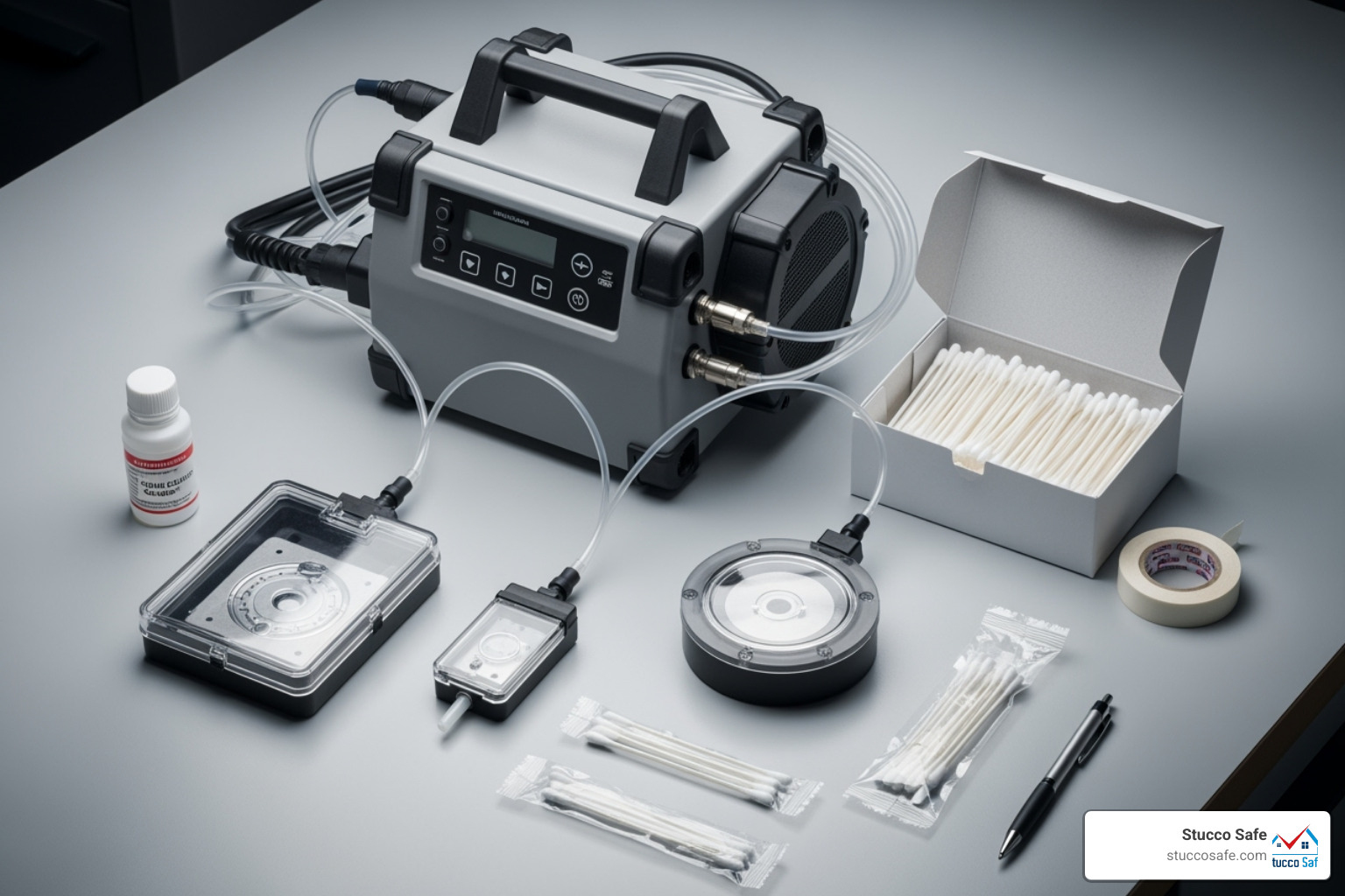 Professional mold sampling tools like an air pump, cassettes, and swabs - mold air testing