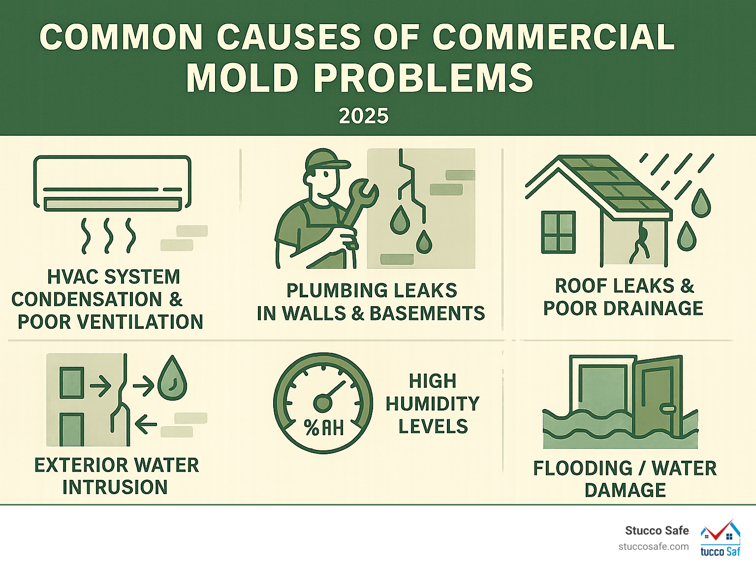 Infographic showing the most common causes of commercial mold problems: HVAC system condensation and poor ventilation, plumbing leaks in walls and basements, roof leaks and poor drainage, exterior water intrusion through building envelope failures, high humidity levels above 60%, and flooding or water damage events - mold air testing infographic 