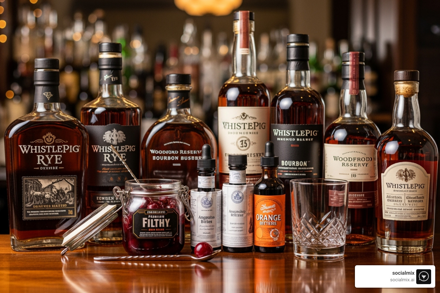 a curated selection of Rye and Bourbon whiskey bottles alongside artisanal bitters and a jar of premium cherries - gifts for old fashioned lovers