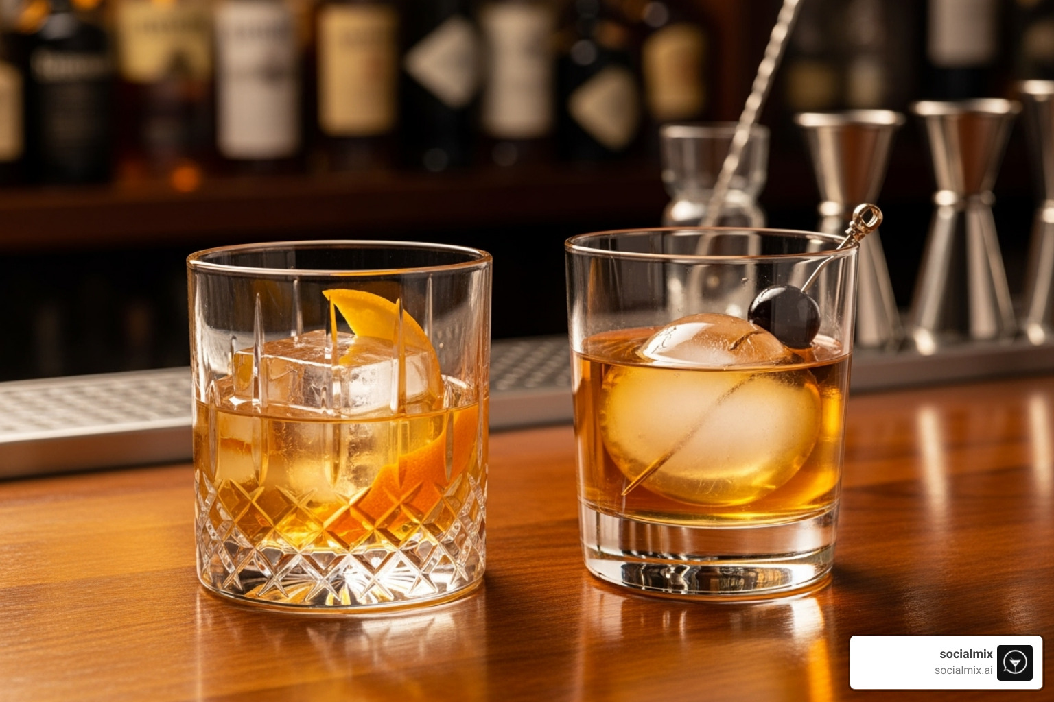 different styles of Old Fashioned glasses, including a classic tumbler and a modern design - gifts for old fashioned lovers