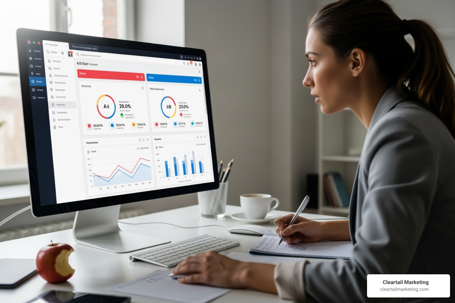 MARKETER ANALYZING AN A/B TEST REPORT ON A DASHBOARD - AUTOMATED EMAIL SEQUENCES