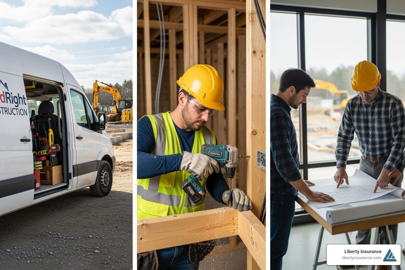 showcasing different aspects of construction work: a commercial van, an employee working safely, and a contractor reviewing blueprints with a client - construction insurance new jersey