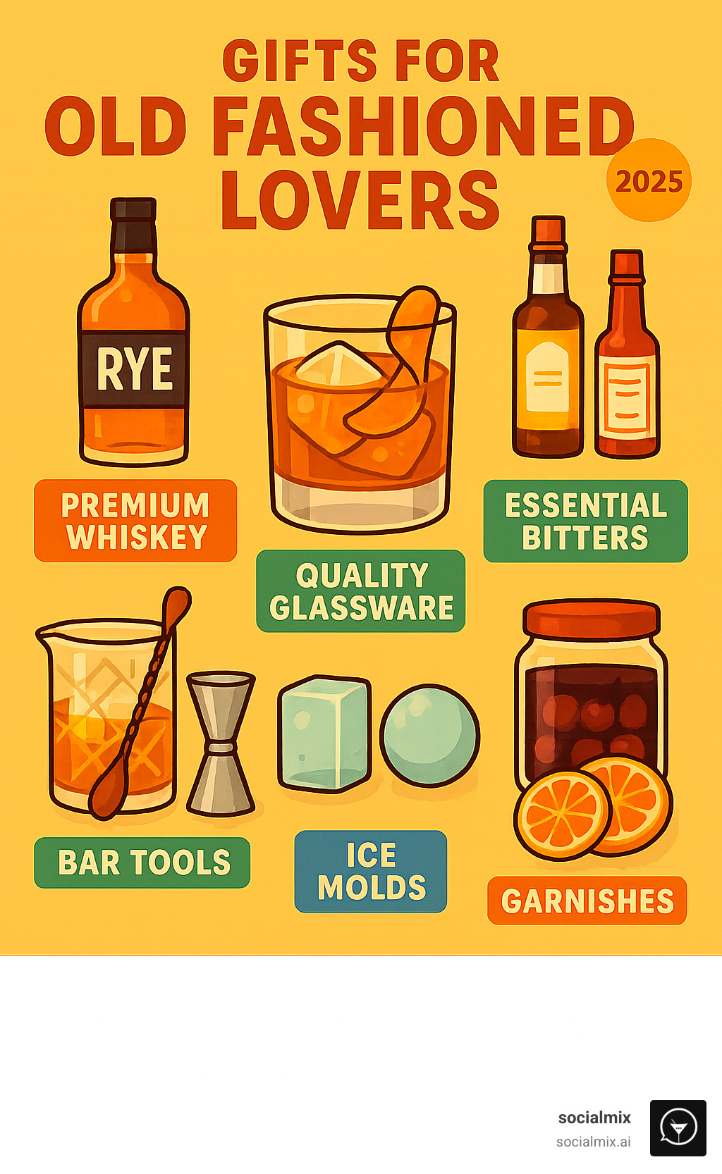 Comprehensive gift guide showing whiskey bottles, bitters, glassware, bar tools, ice molds, and garnishes arranged as the perfect Old Fashioned gift collection with labels indicating premium brands and essential components - gifts for old fashioned lovers infographic 