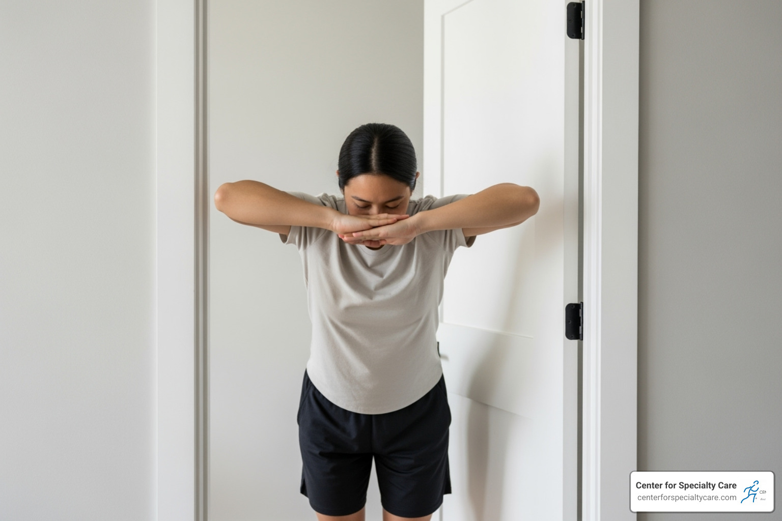 Person demonstrating a doorway stretch - knot in neck and shoulder blade Person demonstrating a doorway stretch - knot in neck and shoulder blade