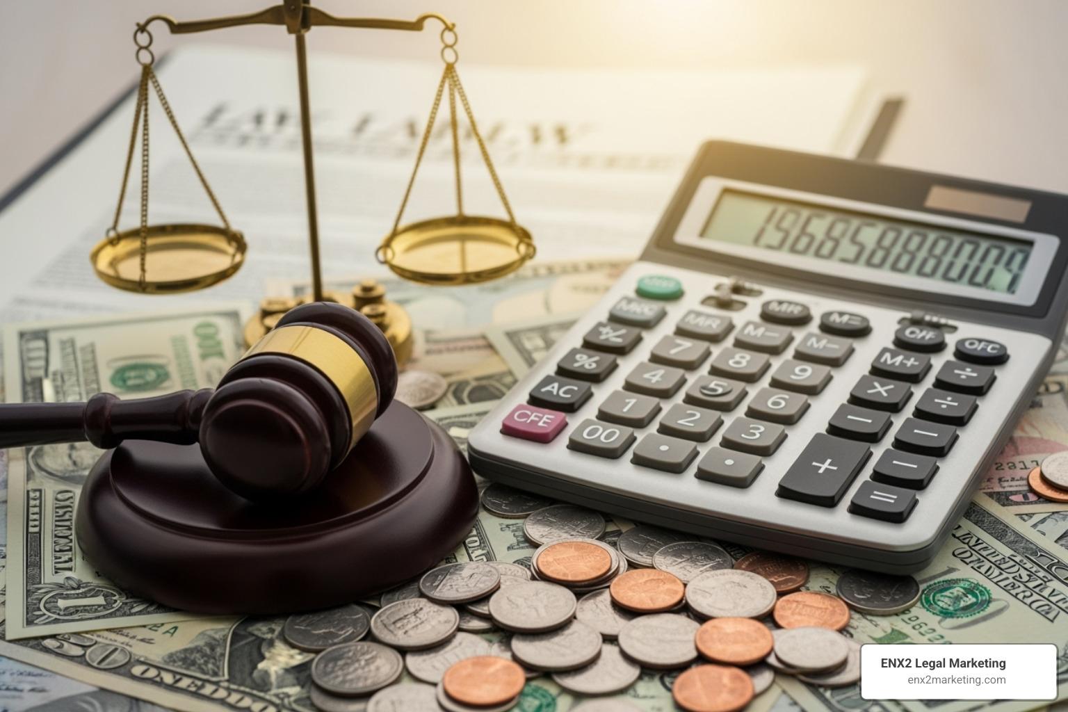 A calculator with legal symbols, illustrating the financial aspect of legal PPC - legal pay per click