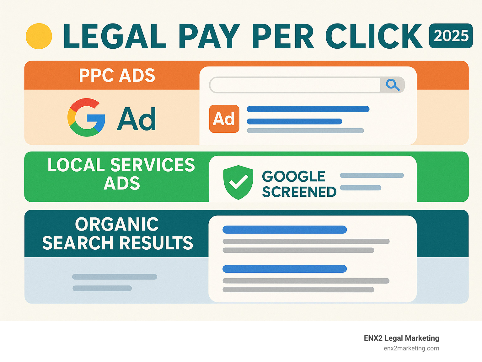 Comprehensive infographic showing the difference between PPC ads, Local Service Ads, and organic search results on a Google search engine results page, with clear labels indicating ad placement, Google Screened badges, and organic listings below the fold - legal pay per click infographic 