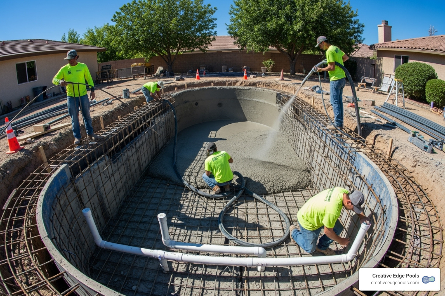 team of uniformed professionals working on a pool construction site - pool and spa specialists