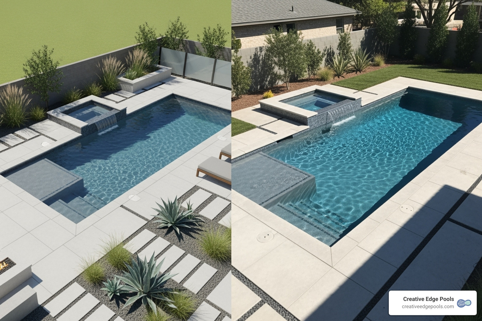 3D pool design rendering next to the finished project - pool and spa specialists