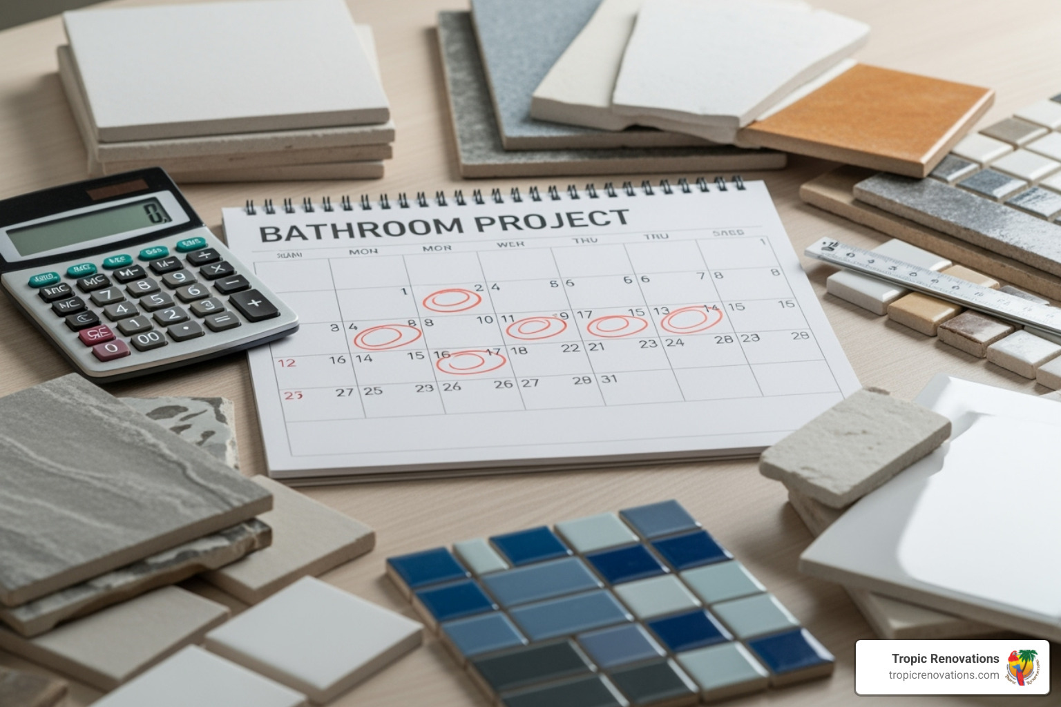 Calendar with a section marked off for "Bathroom Project" next to a calculator and tile samples - Partial bathroom remodel?