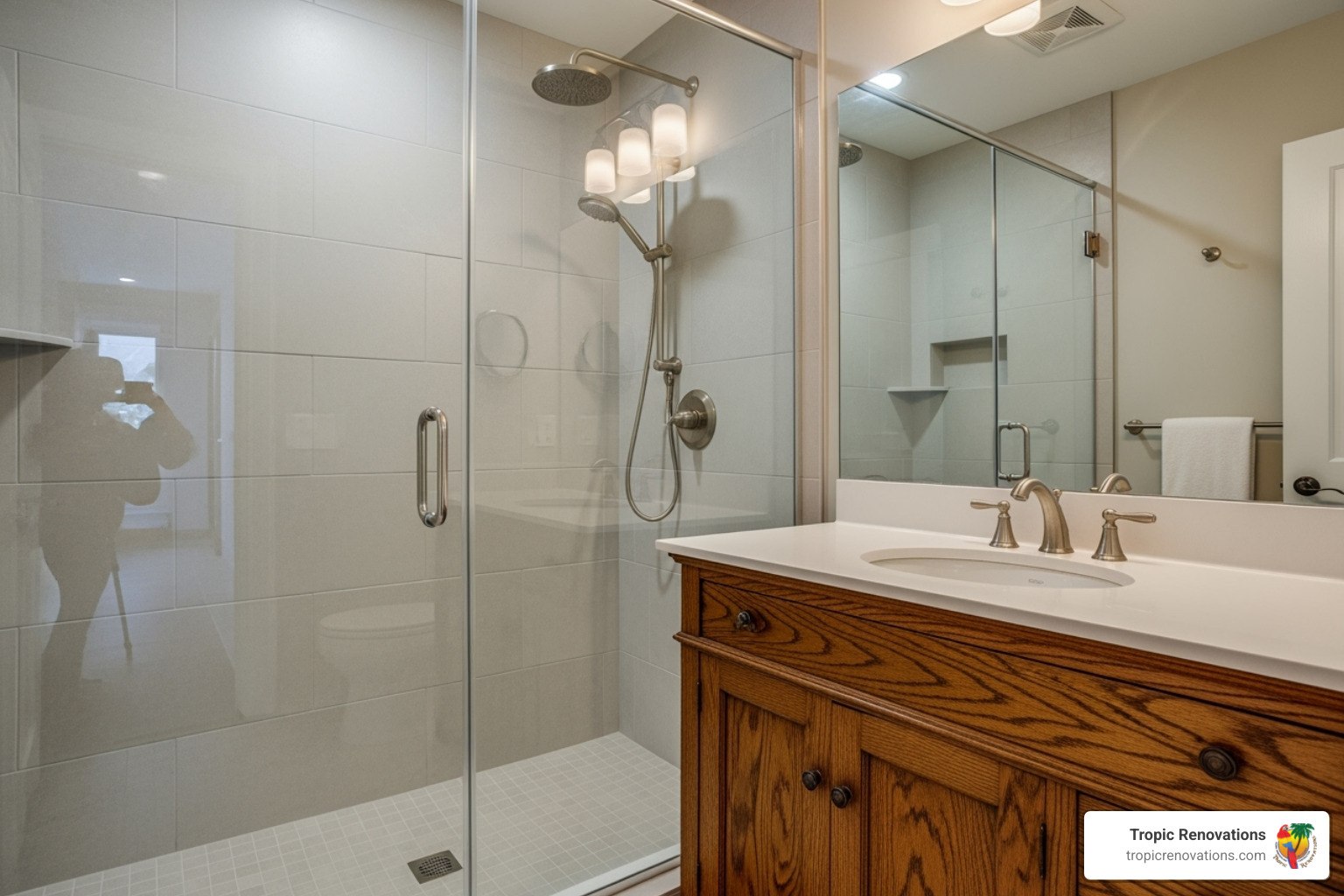 Modern shower with new tile and frameless glass door next to existing vanity - Partial bathroom remodel?