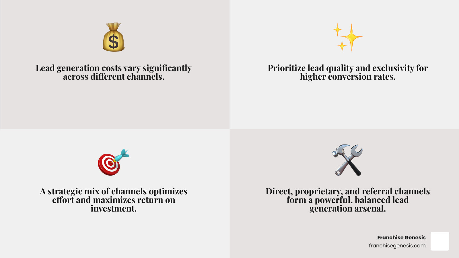 Comparison of key lead generation channels: Direct (SEO/PPC), Franchise Genesis proprietary channels, and Referral Programs, based on cost, lead quality, exclusivity, and effort required. - Franchise lead generation infographic 4_facts_emoji_grey