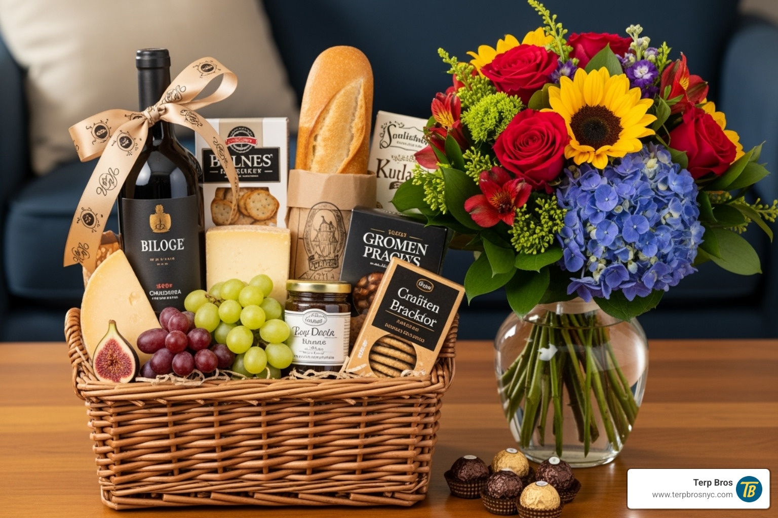 gourmet gift basket alongside a floral bouquet - queens ny florist
