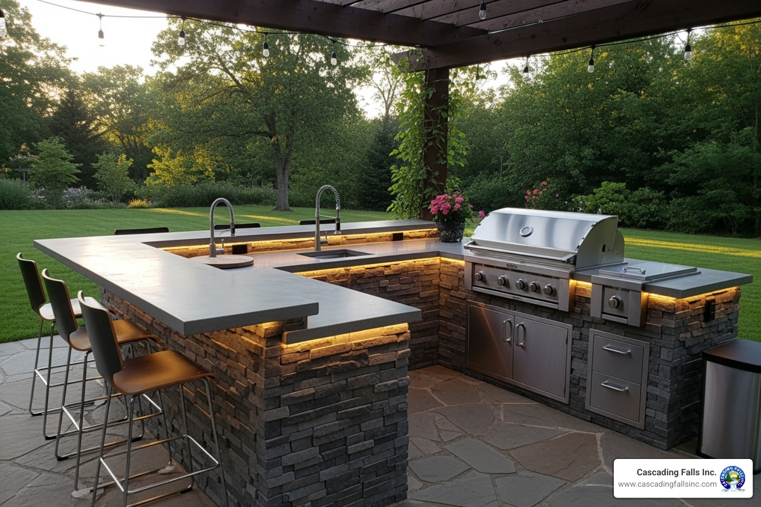 well-designed L-shaped outdoor kitchen layout - backyard kitchen ideas