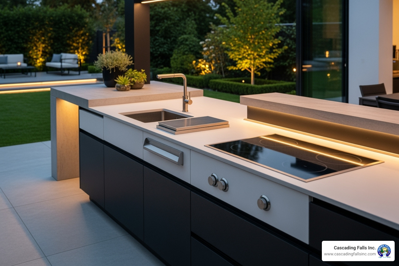 sleek outdoor kitchen with clean lines and monochrome colors - backyard kitchen ideas
