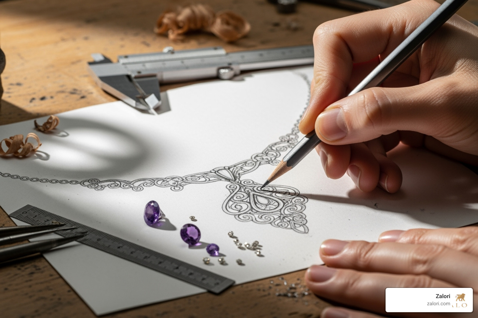 of a jeweler's hands sketching a design - Custom jewelry Los Angeles of a jeweler's hands sketching a design - Custom jewelry Los Angeles