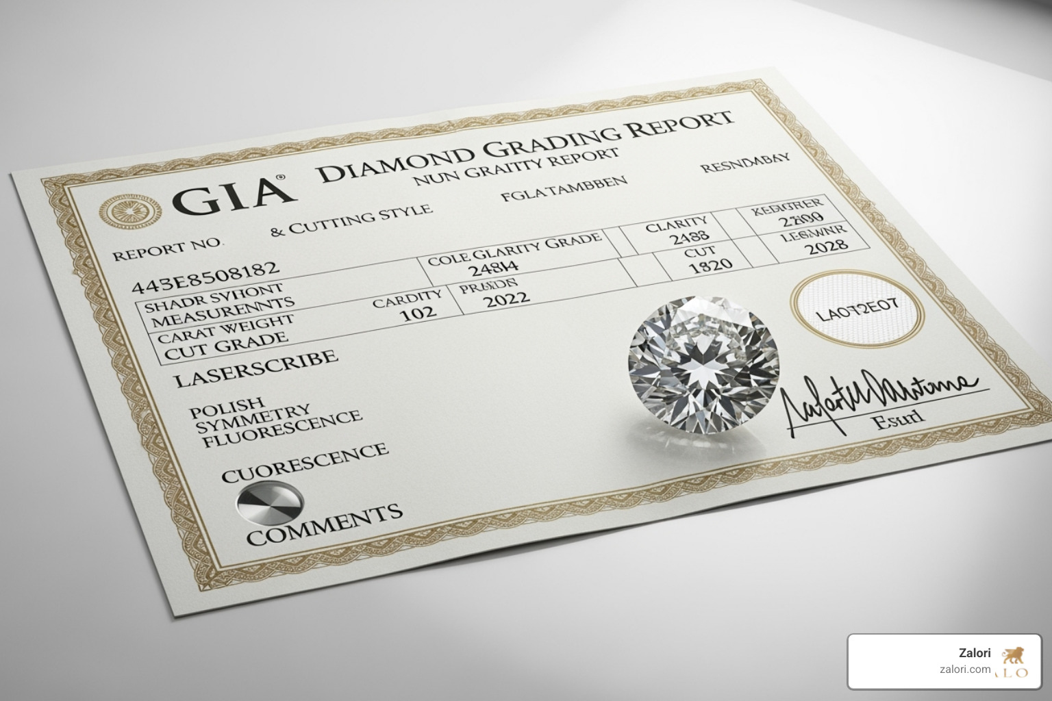 of a GIA certificate next to a gemstone - Custom jewelry Los Angeles of a GIA certificate next to a gemstone - Custom jewelry Los Angeles