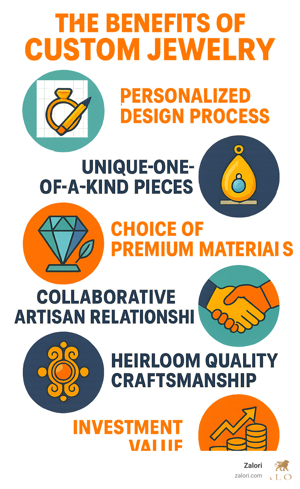 Infographic showing the benefits of custom jewelry: personalized design process, unique one-of-a-kind pieces, choice of premium materials like sterling silver and genuine gemstones, collaborative artisan relationship, heirloom quality craftsmanship, and investment value compared to mass-produced alternatives - Custom jewelry Los Angeles infographic Infographic showing the benefits of custom jewelry: personalized design process, unique one-of-a-kind pieces, choice of premium materials like sterling silver and genuine gemstones, collaborative artisan relationship, heirloom quality craftsmanship, and investment value compared to mass-produced alternatives - Custom jewelry Los Angeles infographic