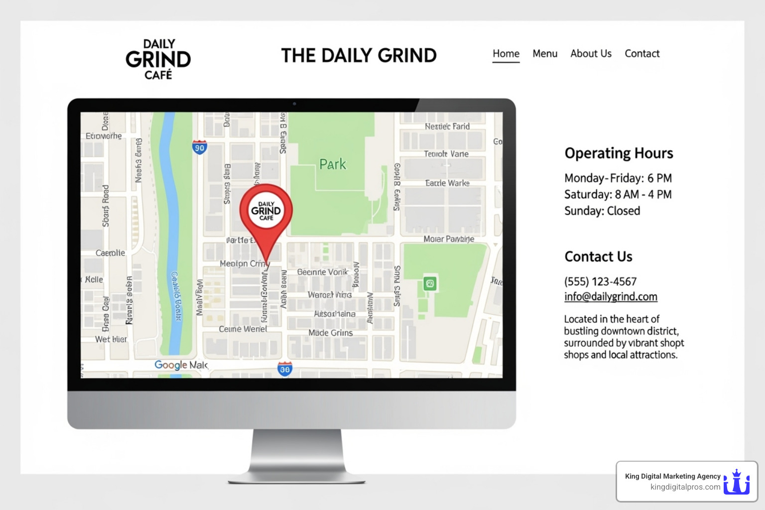 Website's location page with an embedded map, hours, and location-specific content - Local SEO best practices
