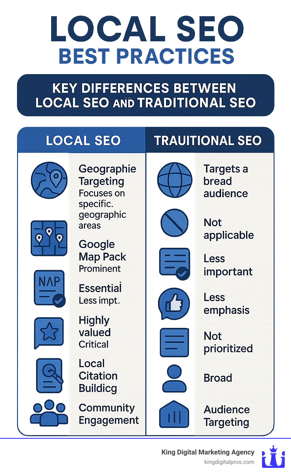 Infographic showing the key differences between Local SEO and traditional SEO, including geographic targeting focus, Google Map Pack prominence, NAP consistency requirements, review importance, local citation building, and community engagement versus broad audience targeting - Local SEO best practices infographic 