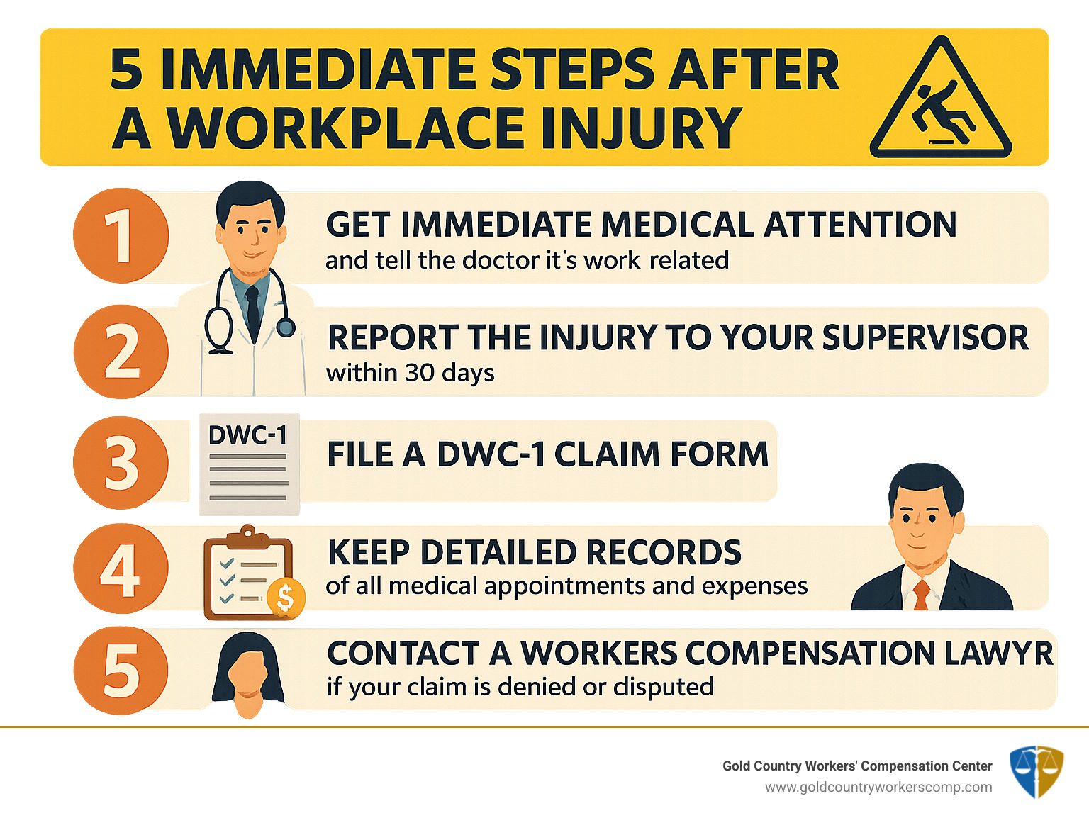 Infographic showing 5 immediate steps after workplace injury: 1. Get immediate medical attention and tell the doctor it's work-related, 2. Report the injury to your supervisor within 30 days, 3. File a DWC-1 claim form, 4. Keep detailed records of all medical appointments and expenses, 5. Contact a workers compensation lawyer if your claim is denied or disputed - Workers compensation claim lawyer infographic 