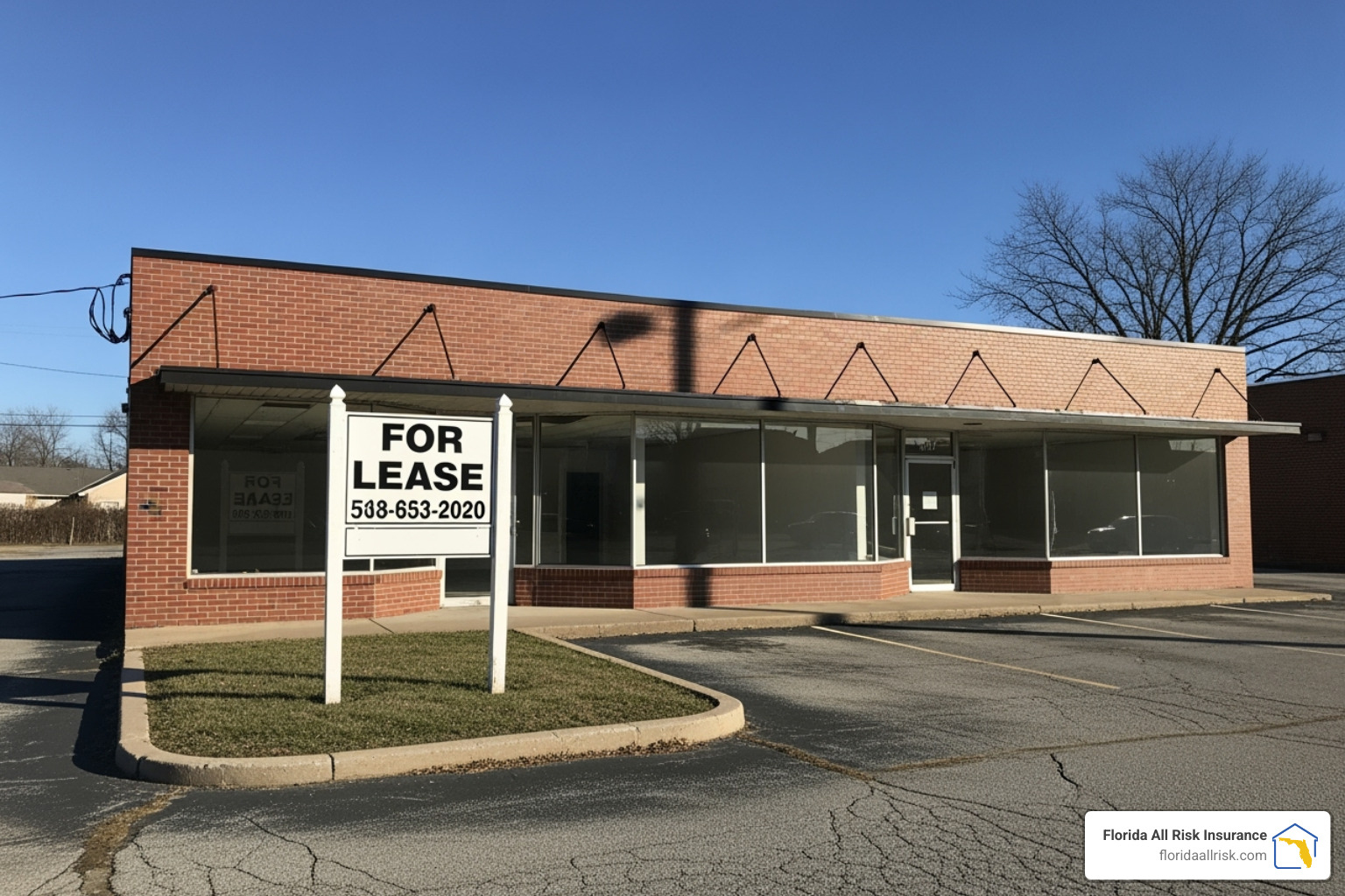 Vacant commercial building with a “For Lease” sign – building insurance commercial landlords
