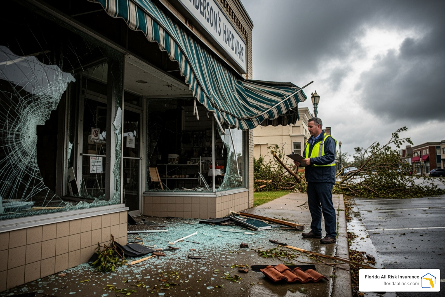 Storm-damaged commercial storefront being assessed by an insurance adjuster – building insurance commercial landlords