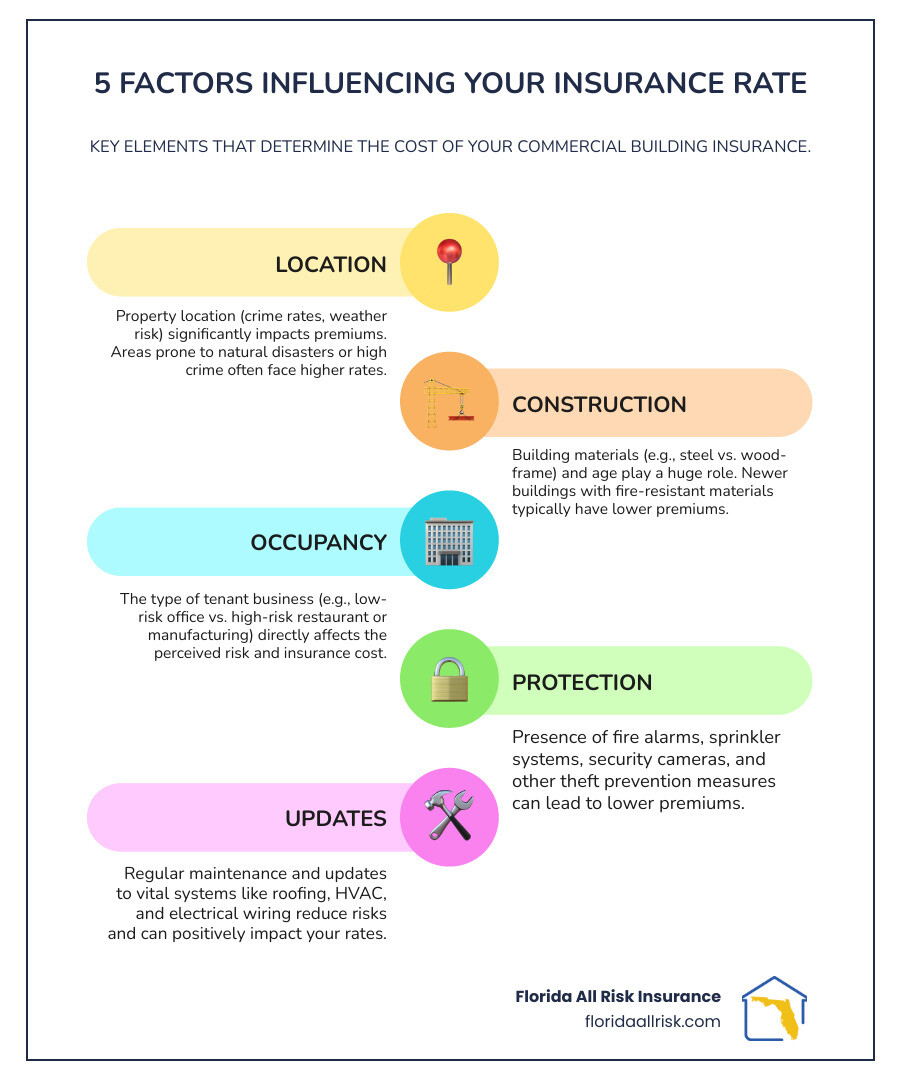 Infographic illustrating the five key factors influencing insurance costs – building insurance commercial landlords