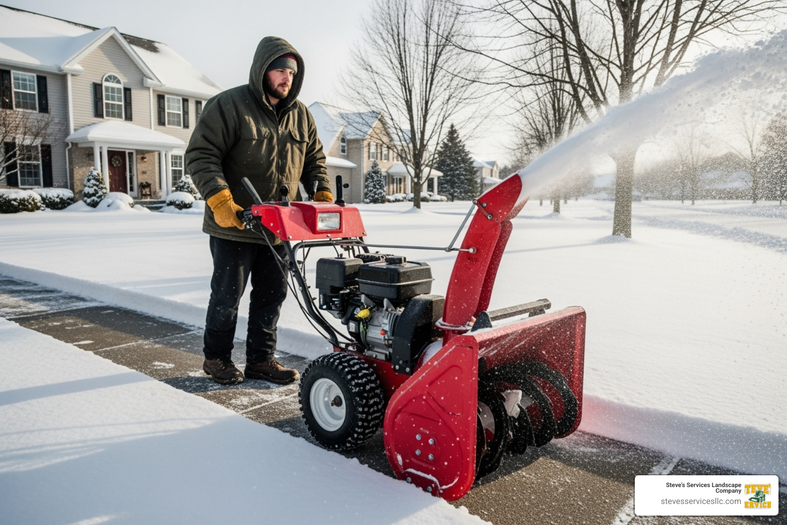 A professional using a snow blower on a residential sidewalk - snow removal for senior citizens A professional using a snow blower on a residential sidewalk - snow removal for senior citizens