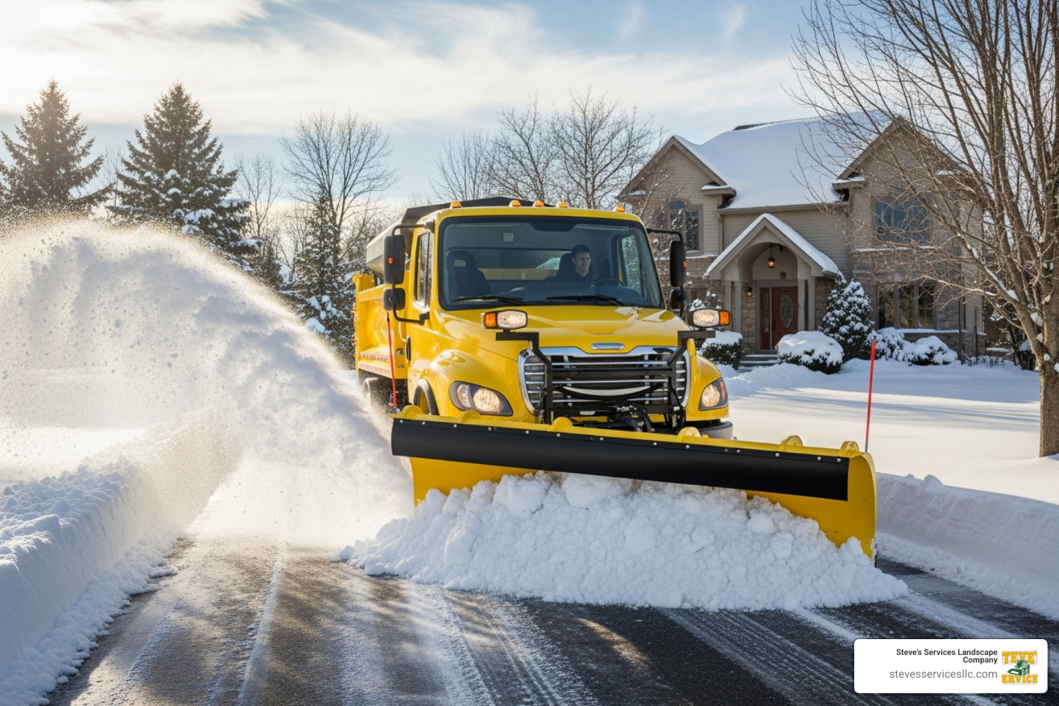 A friendly, clean snow plow clearing a driveway - snow removal for senior citizens A friendly, clean snow plow clearing a driveway - snow removal for senior citizens