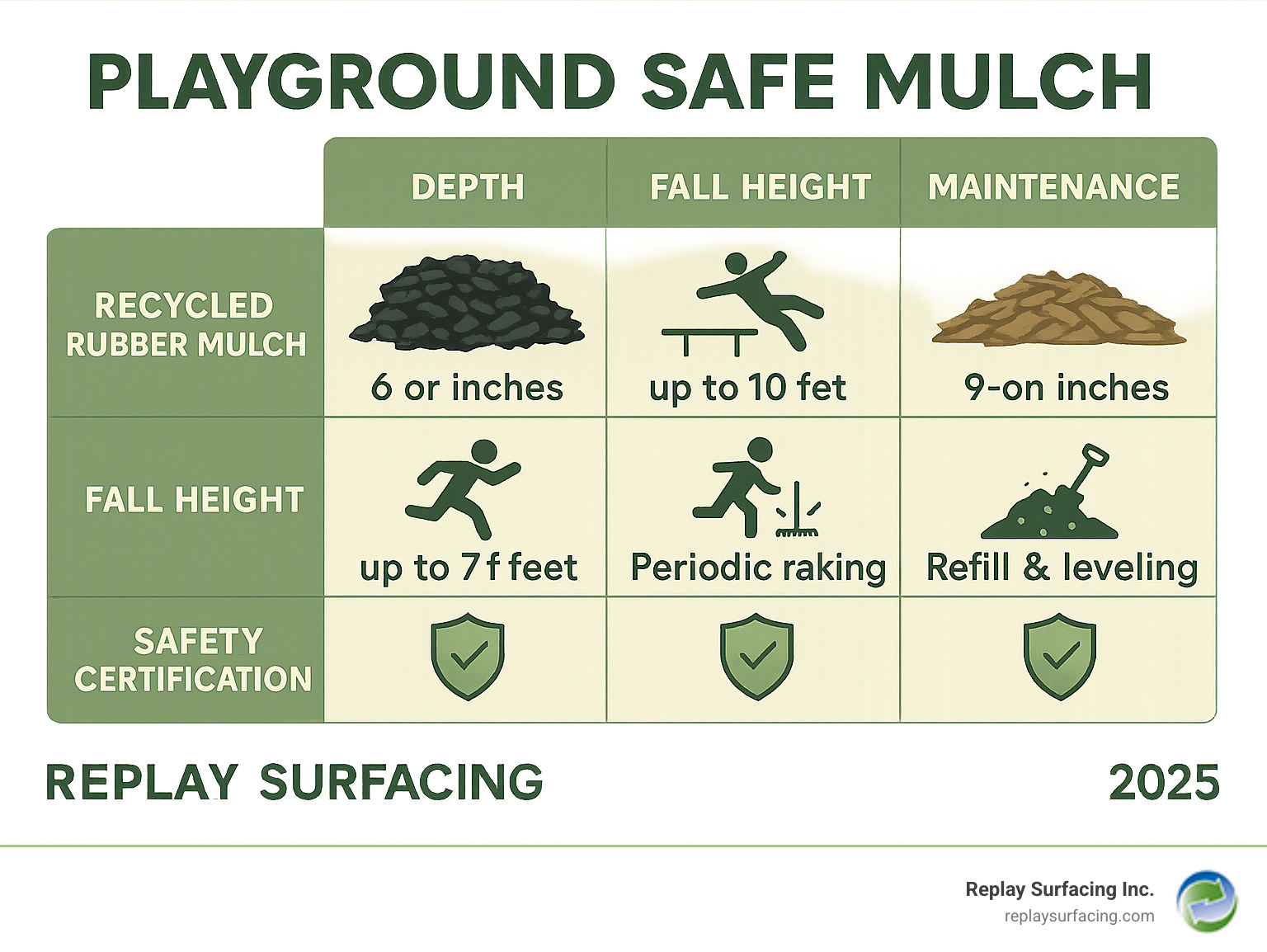 Comprehensive comparison chart showing playground safe mulch depth requirements, fall height protection ratings, maintenance schedules, and safety certifications for different mulch types including recycled rubber mulch and engineered wood fiber - playground safe mulch infographic 