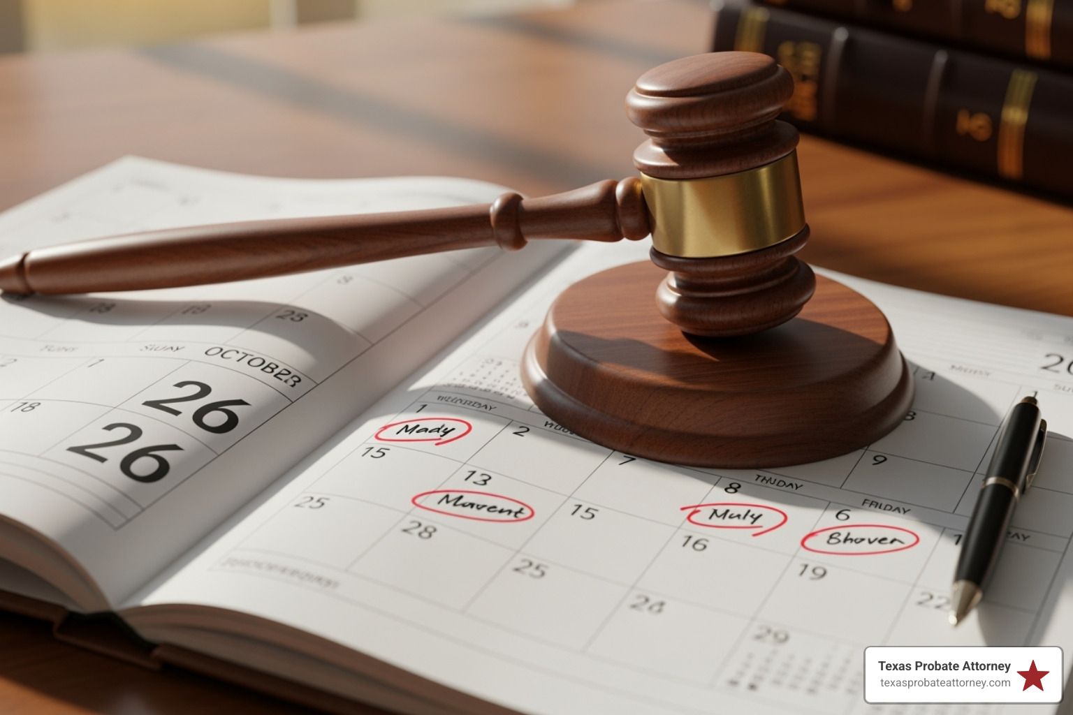 a calendar with a gavel, symbolizing the time spent in court in these Texas cities - independent administration texas
