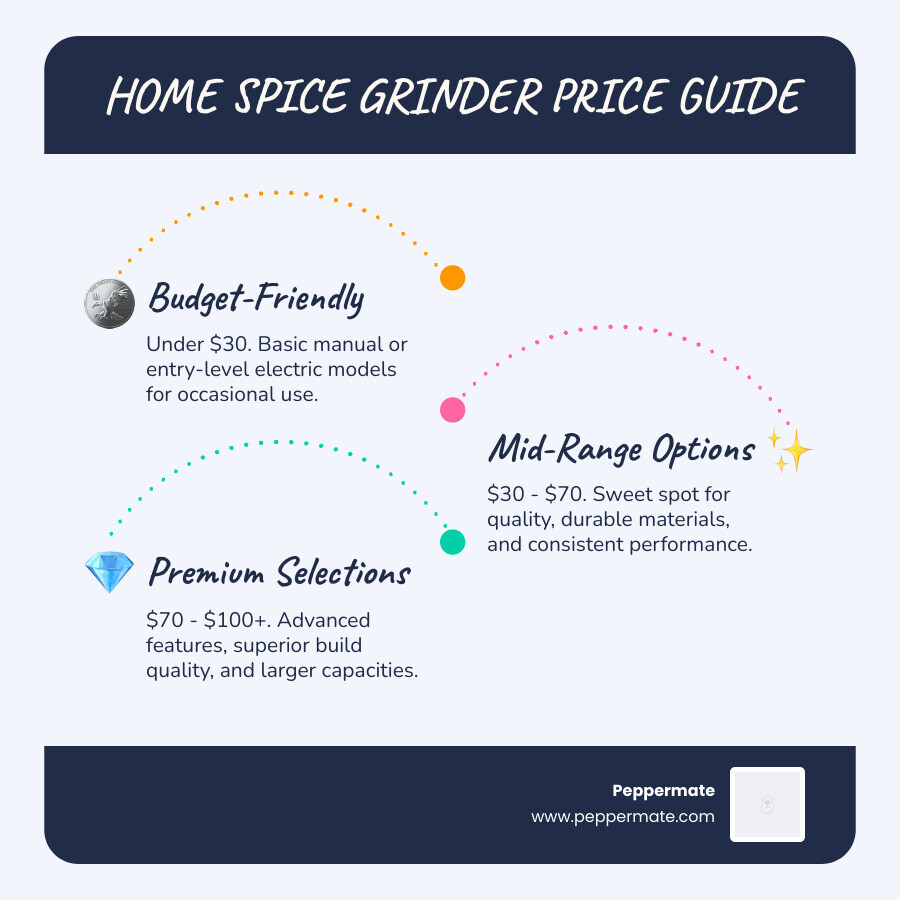 infographic showing price ranges for spice grinders - Home spice grinder infographic infographic-line-3-steps-blues-accent_colors