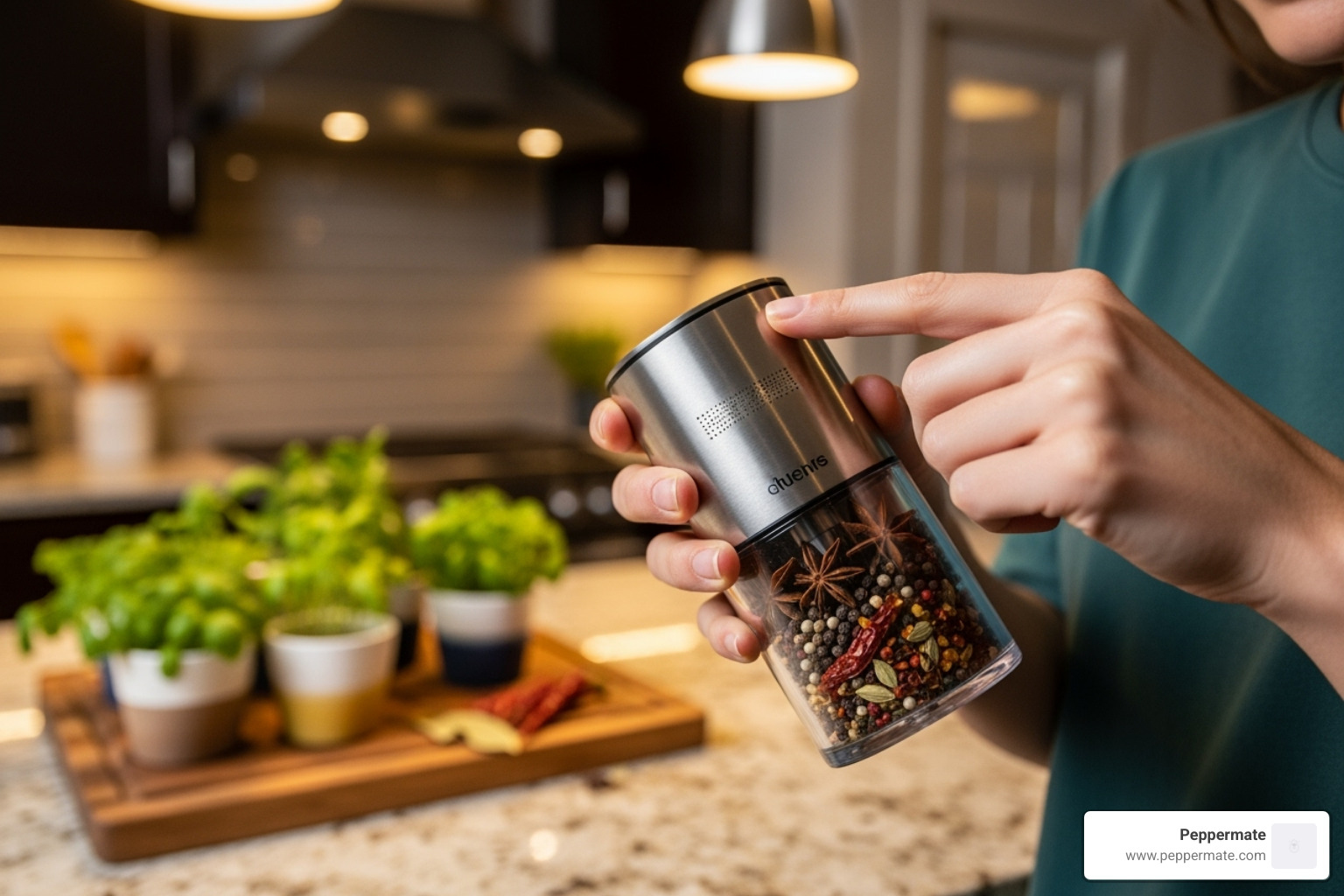 person examining a spice grinder - Home spice grinder