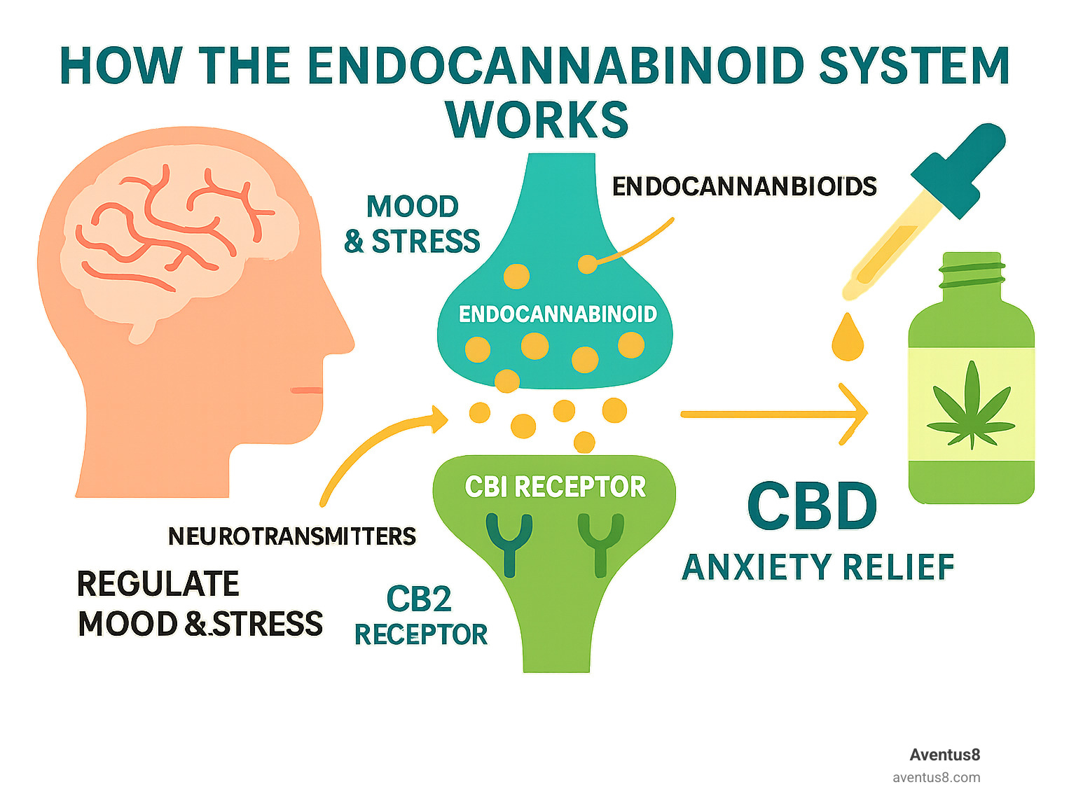 Detailed infographic showing how the Endocannabinoid System works to regulate mood and stress, including receptors CB1 and CB2, neurotransmitters, and CBD's interaction pathways for anxiety relief - CBD for anxiety online infographic 