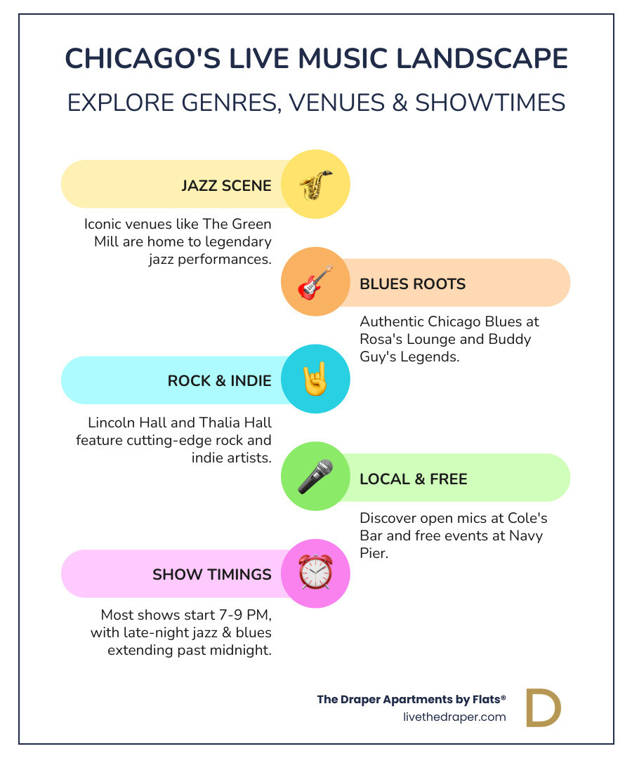 Infographic showing Chicago's diverse live music landscape with iconic venues like The Green Mill for jazz, Rosa's Lounge for blues, Lincoln Hall for rock, and neighborhood spots for open mics, plus timing information showing most shows start between 7-9 PM with late-night jazz and blues extending past midnight - live music in chicago today infographic infographic-line-5-steps-colors