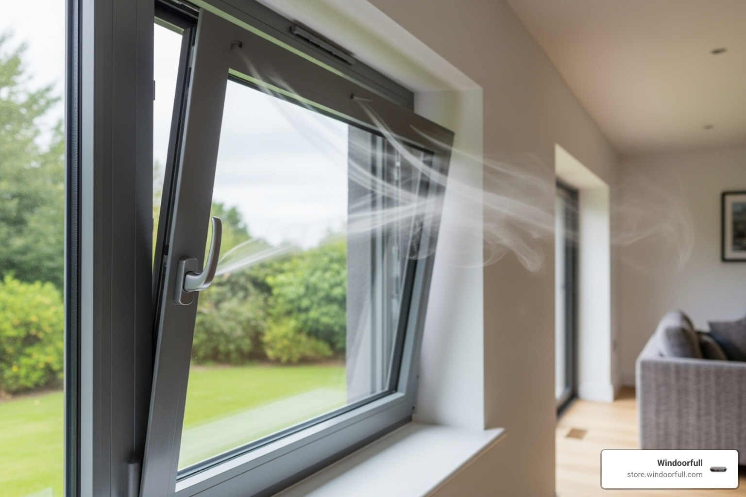 tilt and turn window in the secure 'tilt' position, showing airflow - tilt and turn double glazing