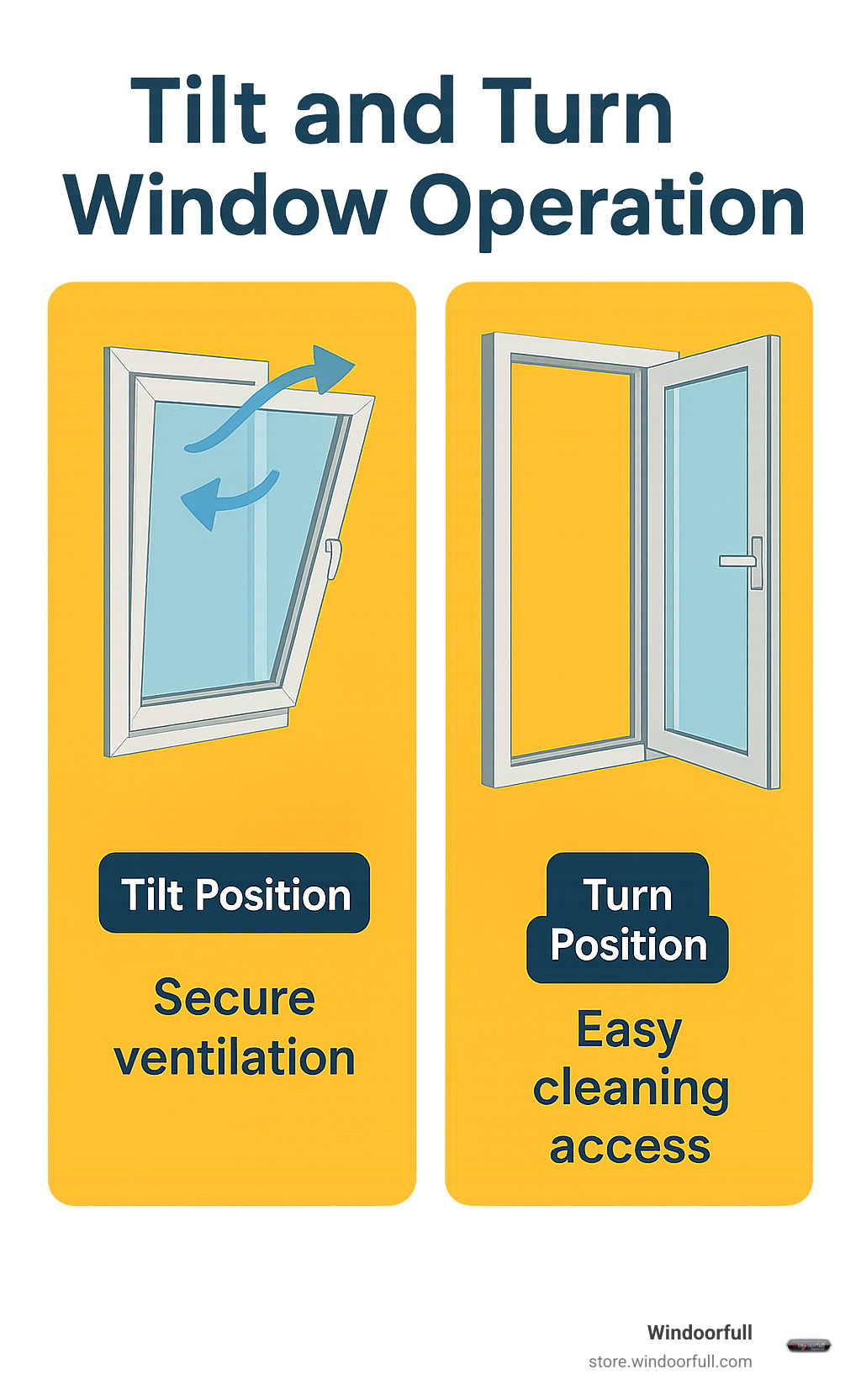 Infographic showing tilt and turn window operation: left side shows window tilted inward from top for secure ventilation with arrows indicating airflow, right side shows window turned fully inward like a door for cleaning access, with labels explaining each position's benefits - tilt and turn double glazing infographic 