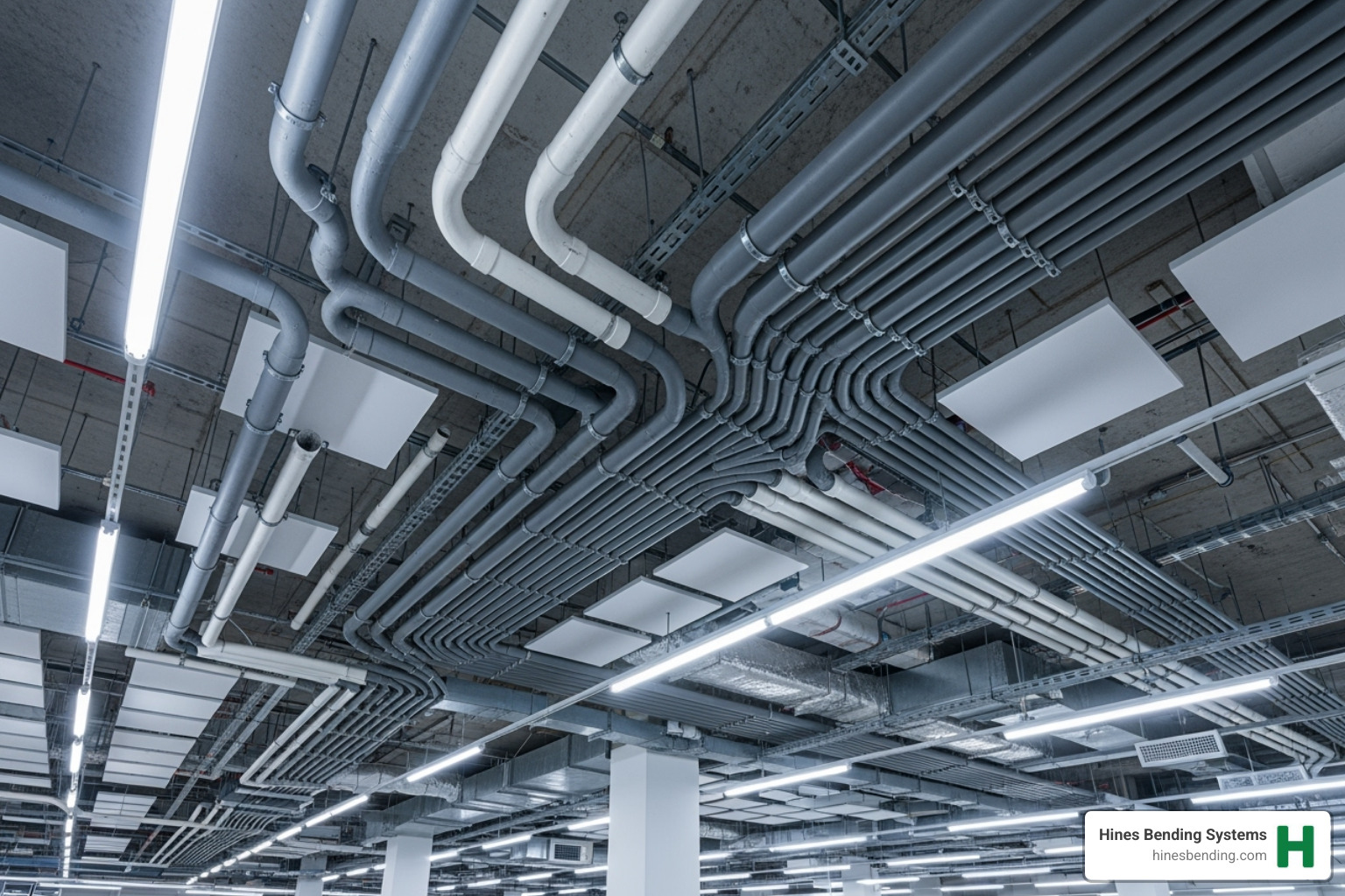 Bent PVC conduits forming complex pathways in a large commercial building's ceiling - electrical pvc bend machine