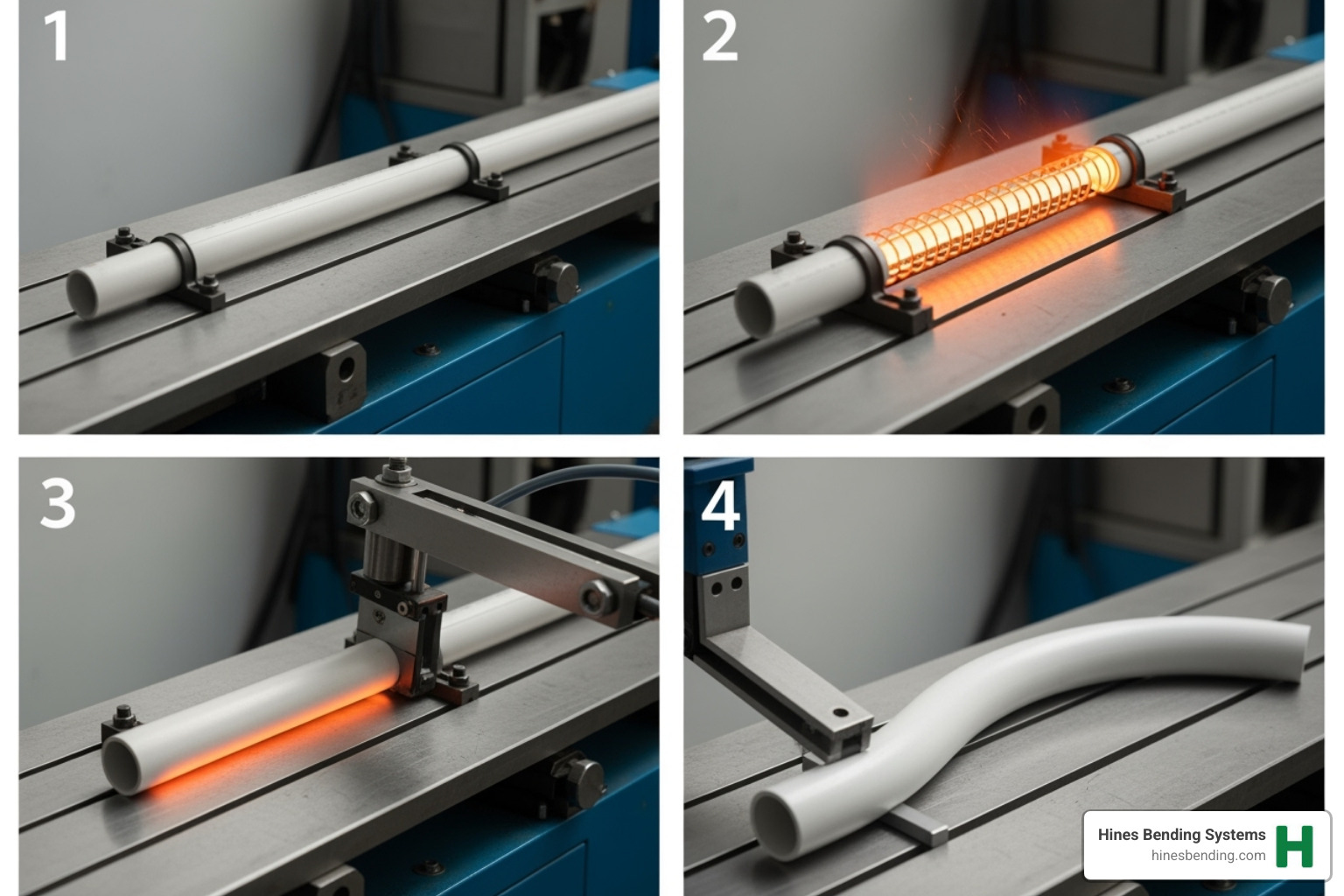 Step-by-step illustration of PVC pipe bending process: pipe placement, heating, bending arm actuation, and final bent pipe - electrical pvc bend machine