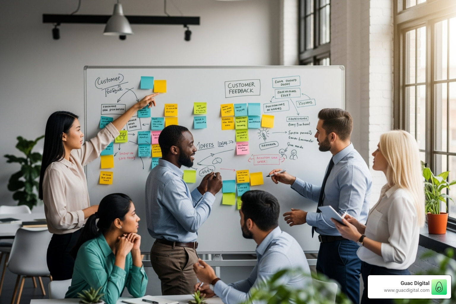 team collaborating around a whiteboard covered in customer feedback notes and ideas - google review response management team collaborating around a whiteboard covered in customer feedback notes and ideas - google review response management