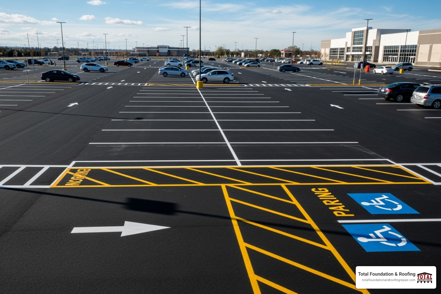 commercial parking lot with fresh line painting - asphalt concrete company