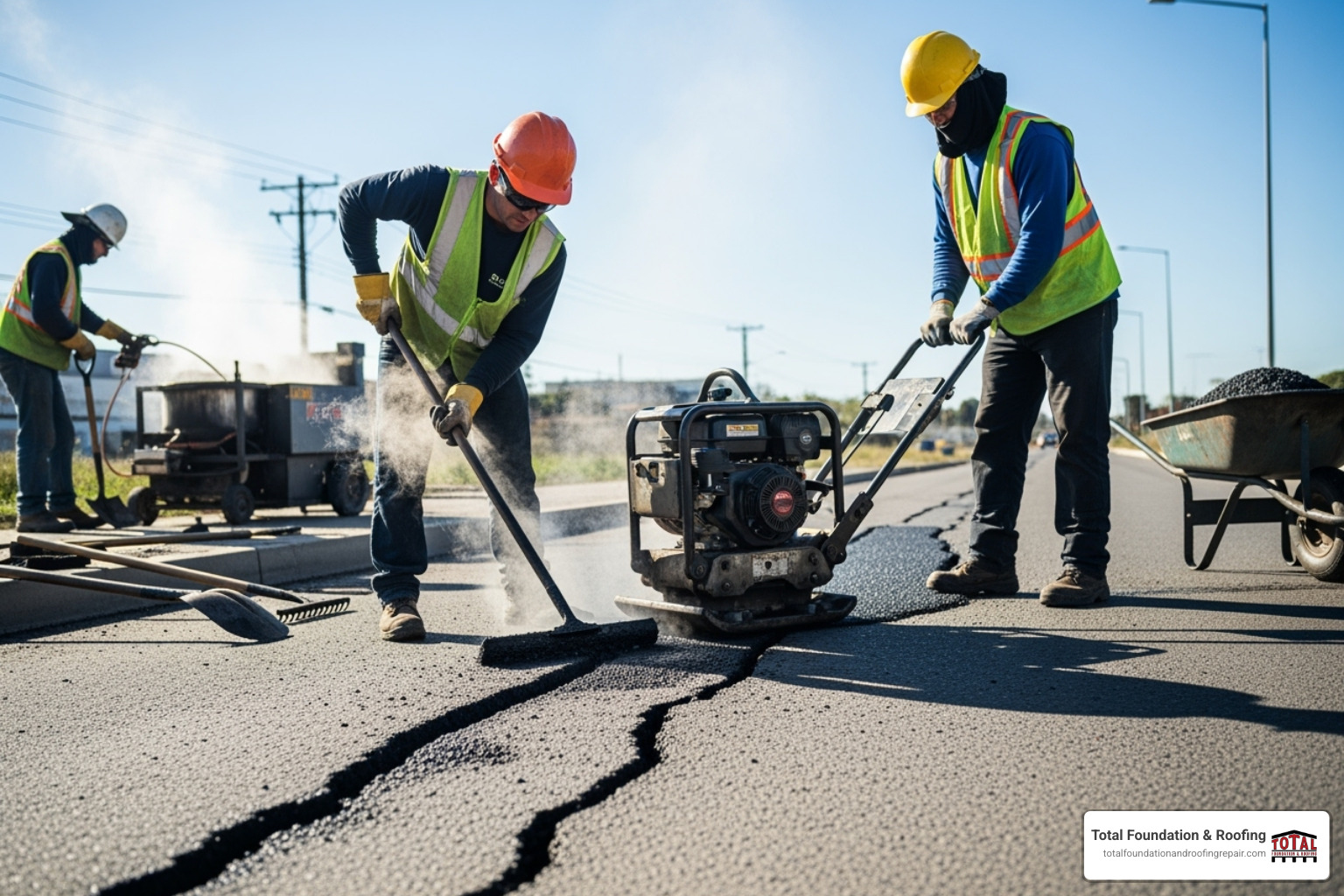 large crack in an asphalt surface being professionally repaired - asphalt concrete company