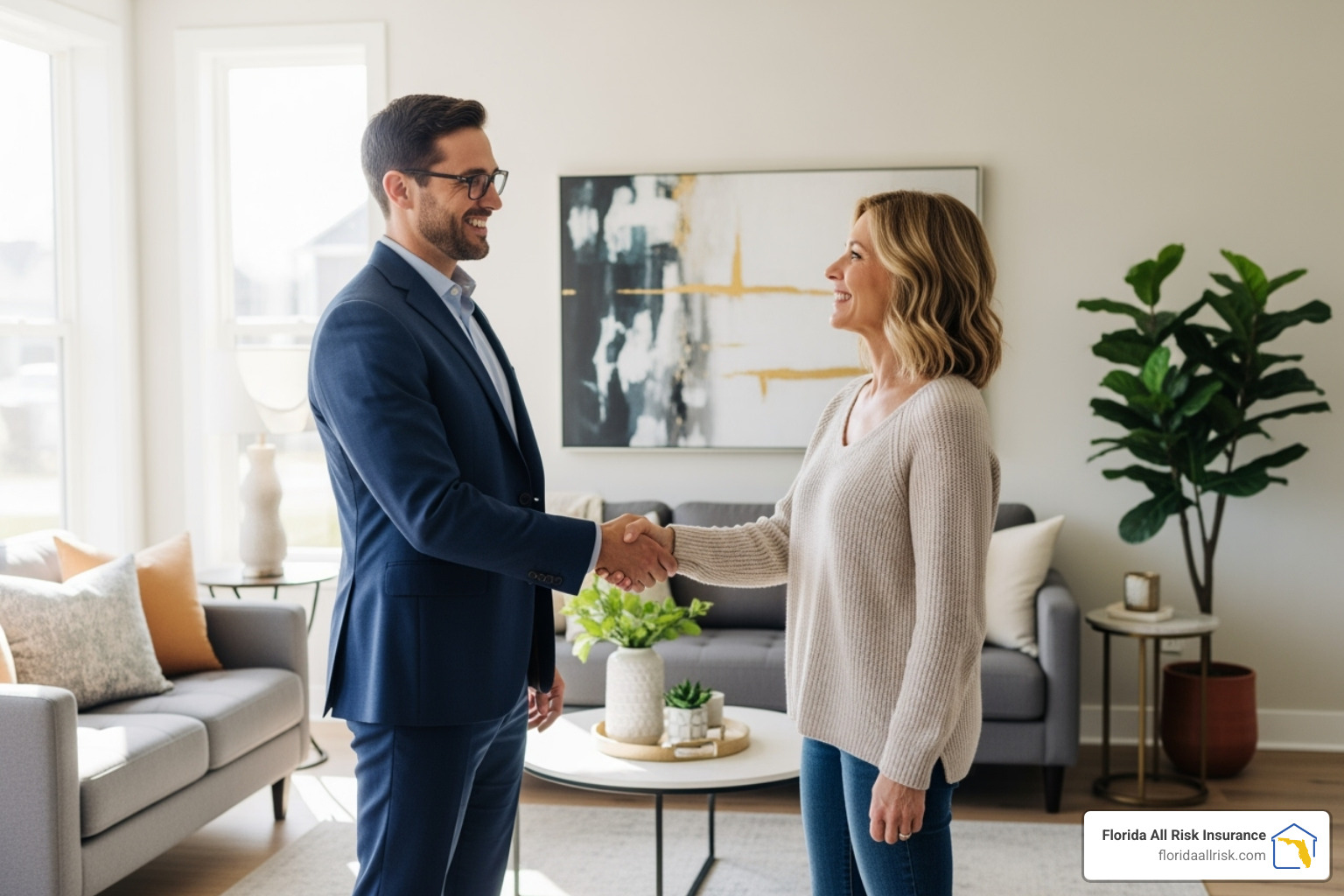 Friendly insurance agent shaking hands with a smiling homeowner - omega homeowners insurance florida