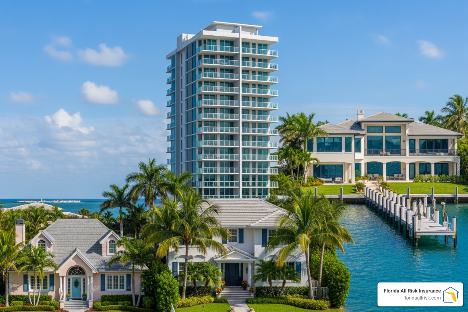 Diverse group of Florida homes, including a condo building, a single-family house, and a high-value waterfront property - omega homeowners insurance florida
