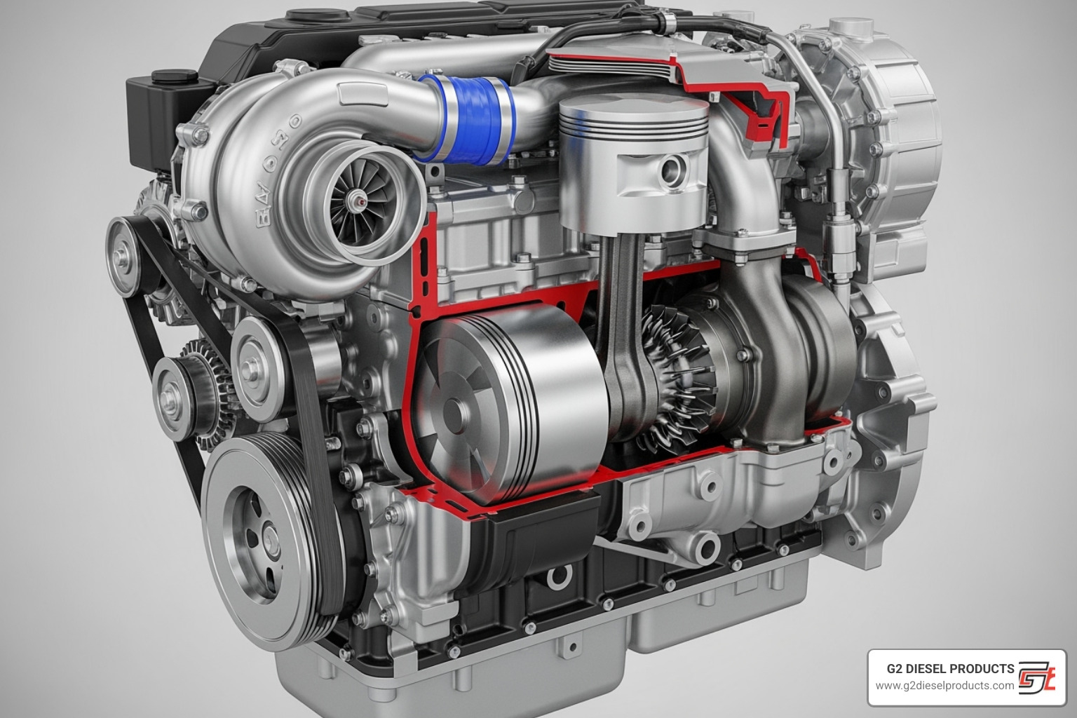 A clean, modern diesel engine cutaway, highlighting a cylinder and turbocharger - Diesel engine upgrades